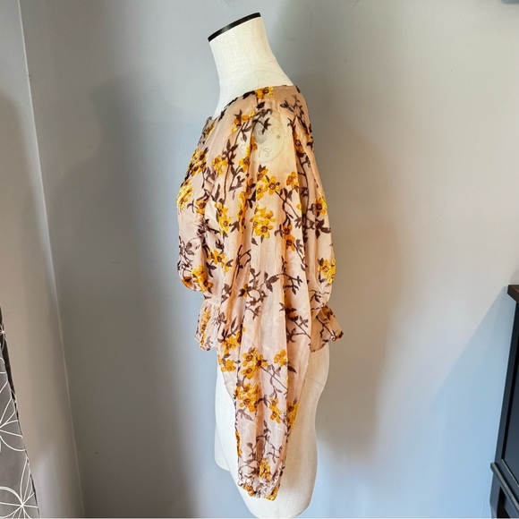 Storia Women’s Lined Tan Velvet Burnout Floral Cinched Waist Peasant Blouse Sz S - Picture 3 of 10
